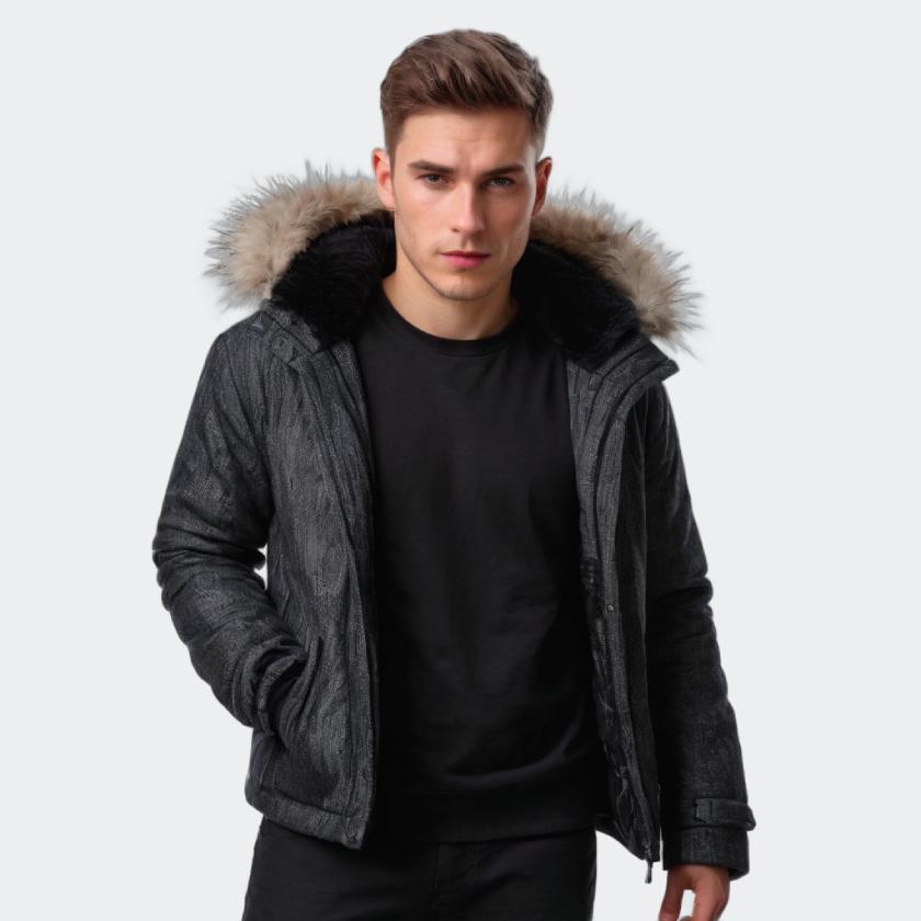 The hooded jacket with a fur collar